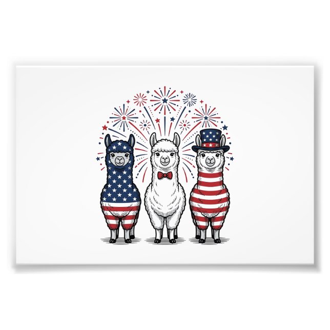 Patriotisk Llama Fyrverkerier Vintage Vector Tröja Fototryck (Framsidan)
