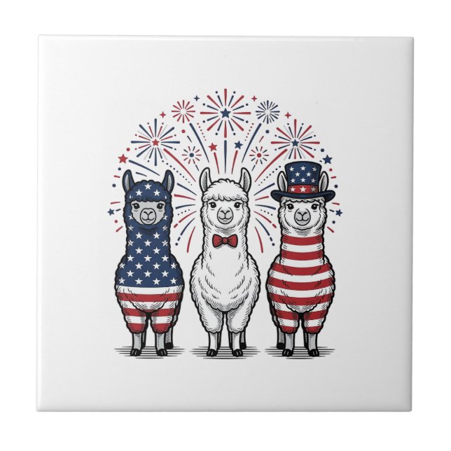 Patriotisk Llama Fyrverkerier Vintage Vector Tröja Kakelplatta (Framsidan)