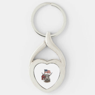 Patriotisk Longhorn Ko och Röd Ladugård Vektordesi Twisted Heart Silverfärgad Nyckelring