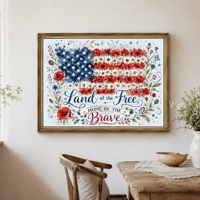 Patriotisk mark av fri hem för modigt flaggblommig poster (Patriotic Watercolor Florals American Flag Land of Free, Home of the Brave Wall Art Poster)