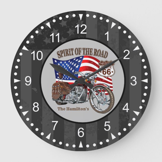 Patriotisk motorcykel, amerikansk Flagga med Namn Stor Klocka (Framsida)