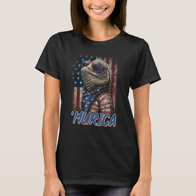 Patriotisk Ödla Murica 4:e Juli Skäggig Drake T Shirt (Framsida)