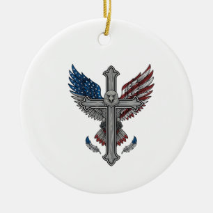 Patriotisk Örn Kors Vintage Gravyr Vektor Des Julgransprydnad Keramik