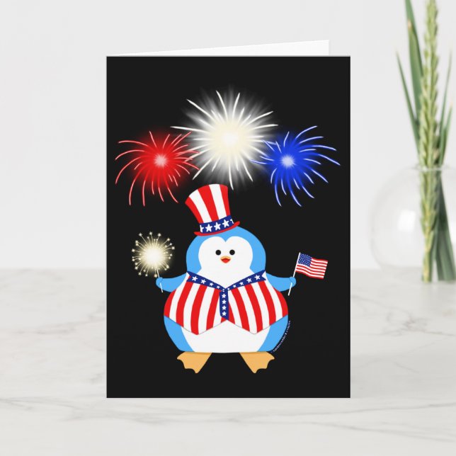Patriotisk pingvin med fyrverkerier kort (Framsida)