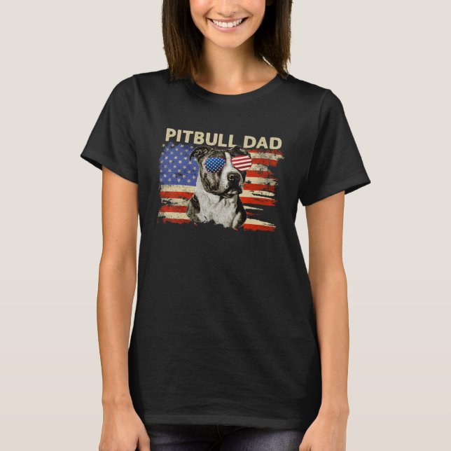Patriotisk Pitbull Pappa  4 juli Amerikansk Flagga T Shirt (Framsida)