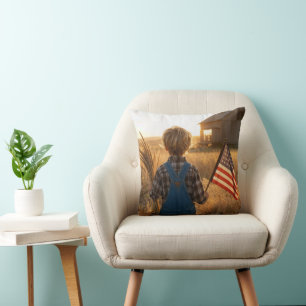 Patriotisk pojke med amerikansk flagga och vete kudde