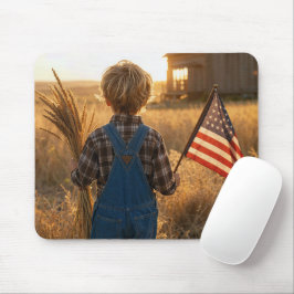 Patriotisk pojke med amerikansk flagga och vete musmatta