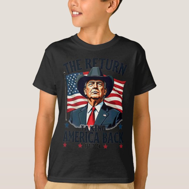 Patriotisk president Donald Trump Cowboyta som tar T Shirt (Framsida)