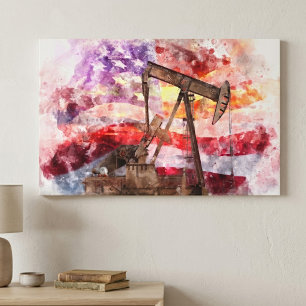 Patriotisk Pumpjack Vattenfärg Solnedgång Konst Canvastryck