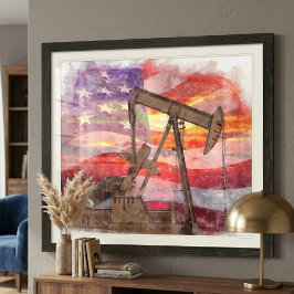 Patriotisk Pumpjack Vattenfärg Solnedgång Konst Fototryck