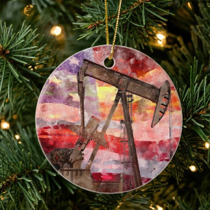 Patriotisk Pumpjack Vattenfärg Solnedgång Konst Julgransprydnad Keramik