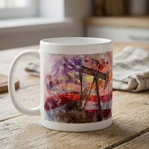 Patriotisk Pumpjack Vattenfärg Solnedgång Konst Kaffemugg