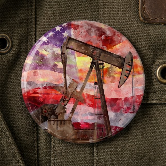 Patriotisk Pumpjack Vattenfärg Solnedgång Konst Knapp (Patriotic Pumpjack Watercolor Sunset Art. Button)