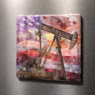 Patriotisk Pumpjack Vattenfärg Solnedgång Konst Magnet