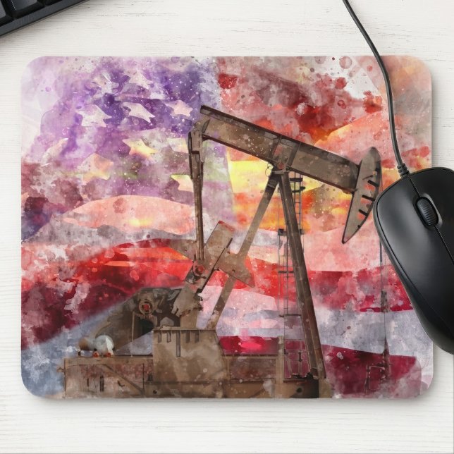 Patriotisk Pumpjack Vattenfärg Solnedgång Konst Musmatta (Patriotic Pumpjack Watercolor Sunset Art. Mouse Pad)