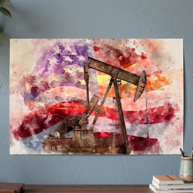 Patriotisk Pumpjack Vattenfärg Solnedgång Konst Poster (Patriotic Pumpjack Watercolor Sunset Art. Poster)