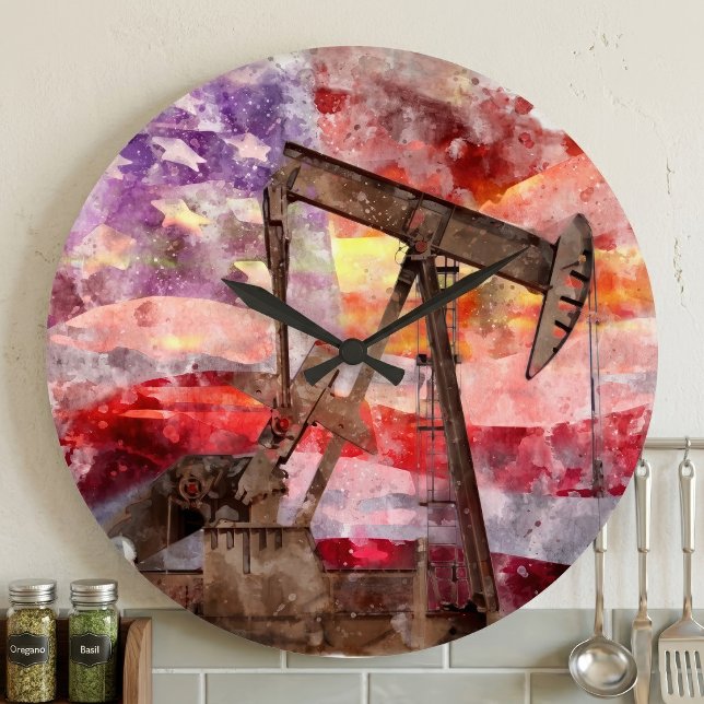 Patriotisk Pumpjack Vattenfärg Solnedgång Konst Stor Klocka (Patriotic Pumpjack Watercolor Sunset Art. Large Clock)