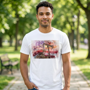 Patriotisk Pumpjack Vattenfärg Solnedgång Konst T Shirt
