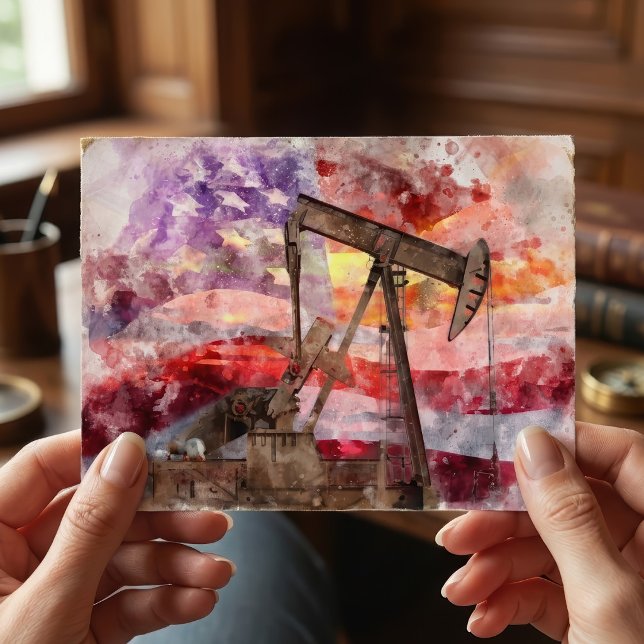 Patriotisk Pumpjack Vattenfärg Solnedgång Konst Vykort (Patriotic Pumpjack Watercolor Sunset Art. Postcard)