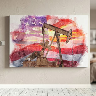 Patriotisk Pumpjack vid solnedgång Pastellteckning Canvastryck