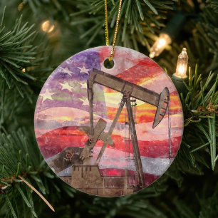 Patriotisk Pumpjack vid solnedgång Pastellteckning Julgransprydnad Keramik