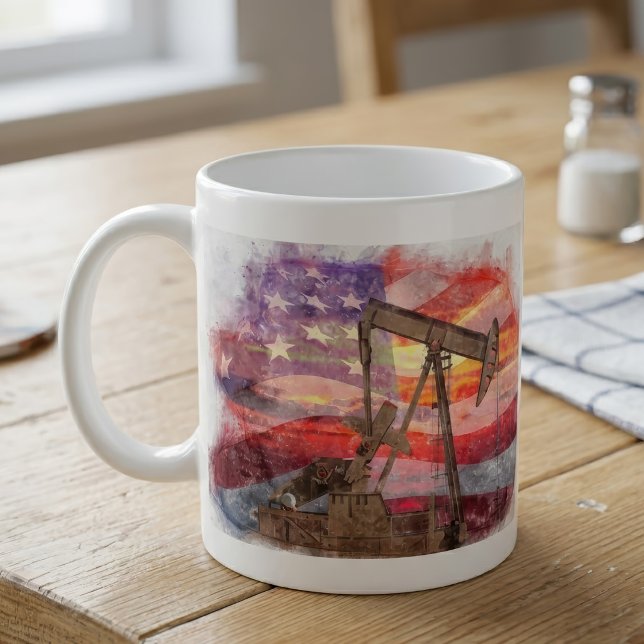Patriotisk Pumpjack vid solnedgång Pastellteckning Kaffemugg (Patriotic Pumpjack at Sunset Pastel Drawing Art. Coffee Mug)