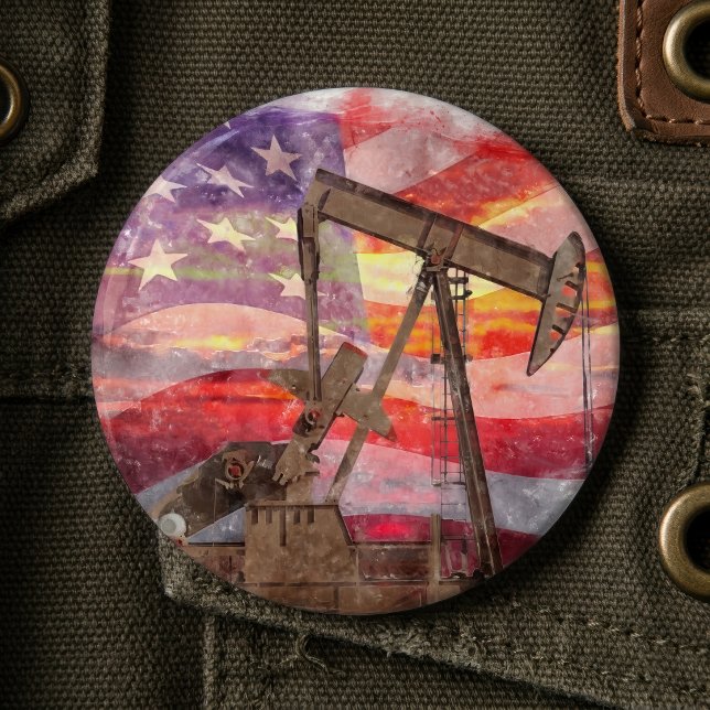 Patriotisk Pumpjack vid solnedgång Pastellteckning Knapp (Patriotic Pumpjack at Sunset Pastel Drawing Art. Button)