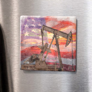 Patriotisk Pumpjack vid solnedgång Pastellteckning Magnet