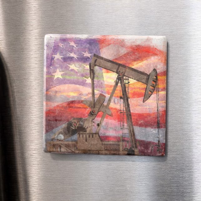 Patriotisk Pumpjack vid solnedgång Pastellteckning Magnet (Patriotic Pumpjack at Sunset Pastel Drawing Art. Magnet)