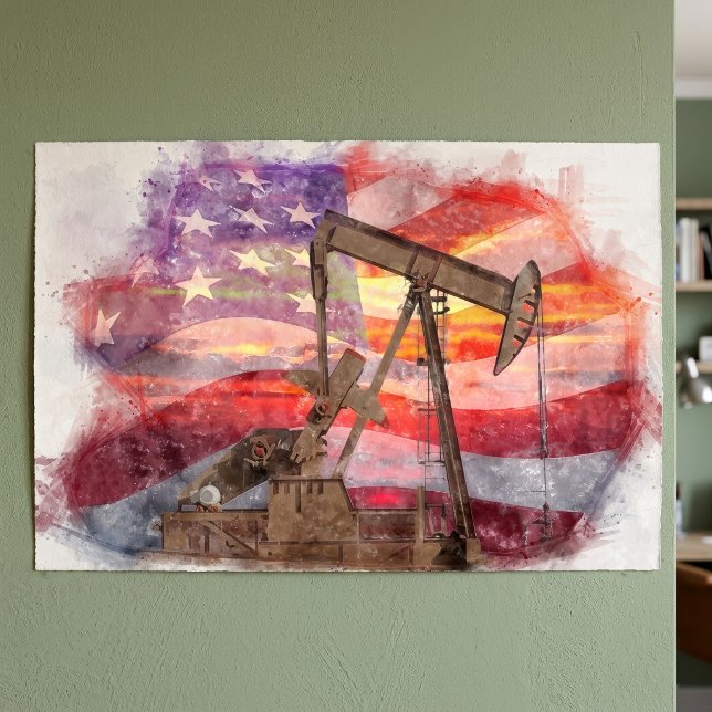 Patriotisk Pumpjack vid solnedgång Pastellteckning Poster (Patriotic Pumpjack at Sunset Pastel Drawing Art. Poster)