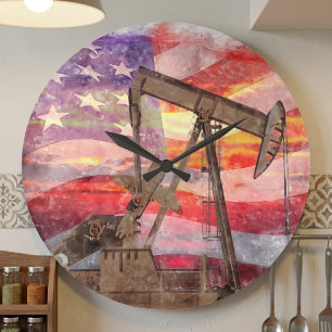 Patriotisk Pumpjack vid solnedgång Pastellteckning Stor Klocka