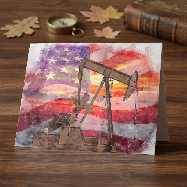 Patriotisk Pumpjack vid solnedgång Pastellteckning Tack Kort (Patriotic Pumpjack at Sunset Pastel Drawing Art. Thank You Card)