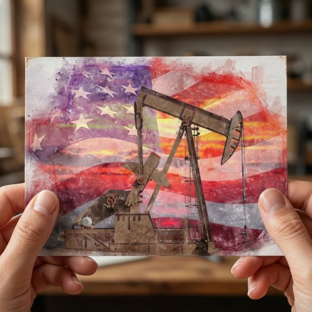 Patriotisk Pumpjack vid solnedgång Pastellteckning Vykort (Patriotic Pumpjack at Sunset Pastel Drawing Art. Postcard)