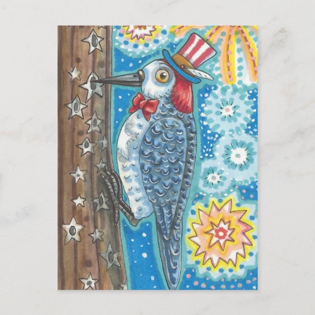 PATRIOTISK REDHEAED WOODPECKER, FIREWORKS POSTCARD VYKORT (Framsida)