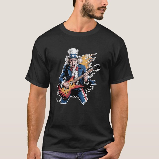 Patriotisk Rock Gitarr Farbror Sam 4 juli T Shirt (Framsida)