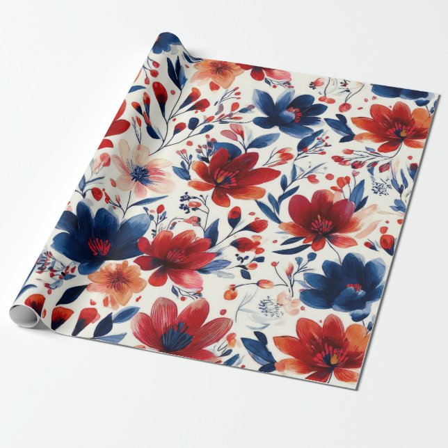 Patriotisk Röd Blå Vit Blommig (10) Presentpapper (Utrullad)