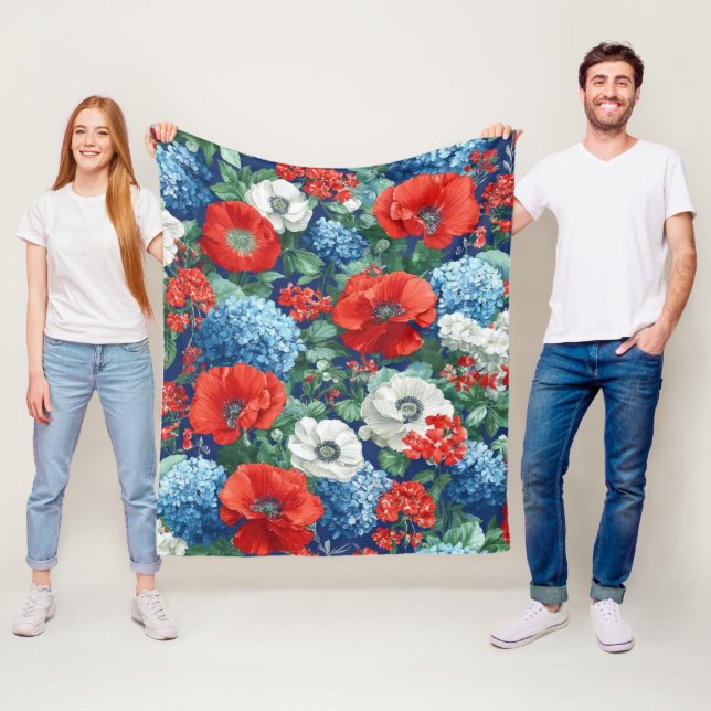 Patriotisk Röd Blå Vit Blommig (1) Fleecefilt (På plats)