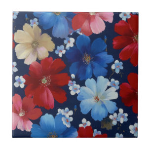 Patriotisk Röd Blå Vit Blommig (9) Kakelplatta