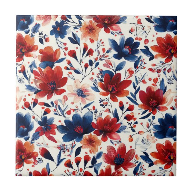 Patriotisk röd blå vit blomster (10) kakelplatta (Framsidan)