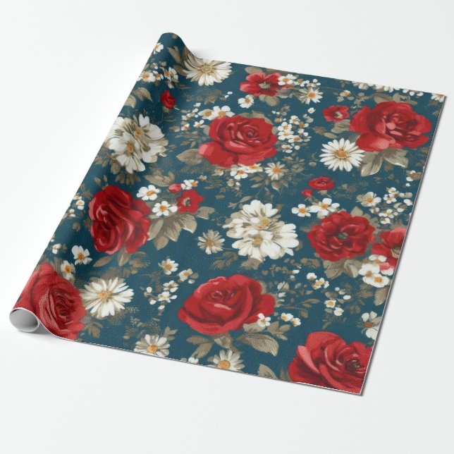 Patriotisk röd blå vit blomster (11) presentpapper (Utrullad)
