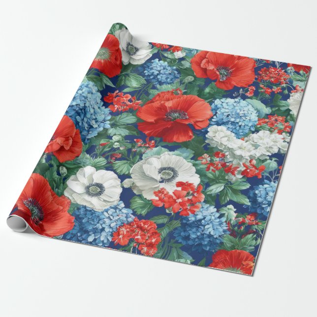 Patriotisk röd blå vit blomster (1) presentpapper (Utrullad)