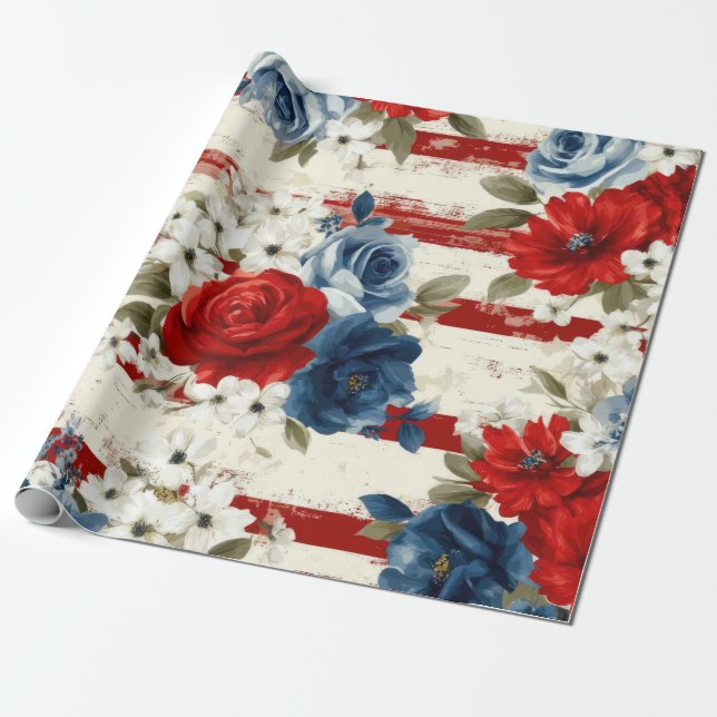 Patriotisk röd blå vit blomster (2) presentpapper (Utrullad)