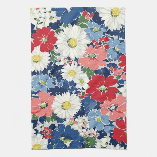 Patriotisk röd blå vit blomster (3) kökshandduk (Vertikal)
