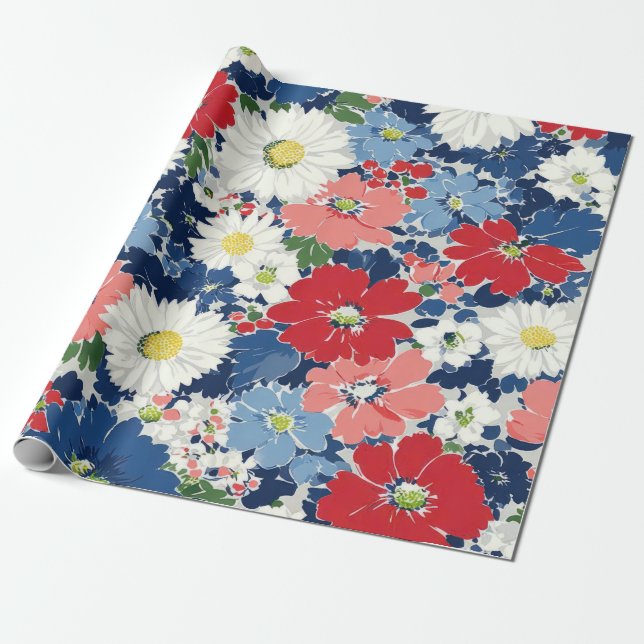 Patriotisk röd blå vit blomster (3) presentpapper (Utrullad)