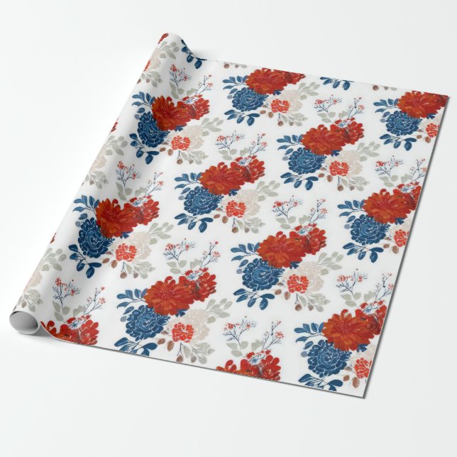 Patriotisk röd blå vit blomster (4) presentpapper (Utrullad)