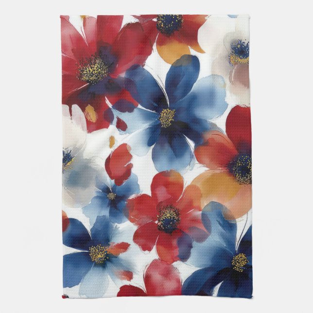 Patriotisk röd blå vit blomster (5) kökshandduk (Vertikal)
