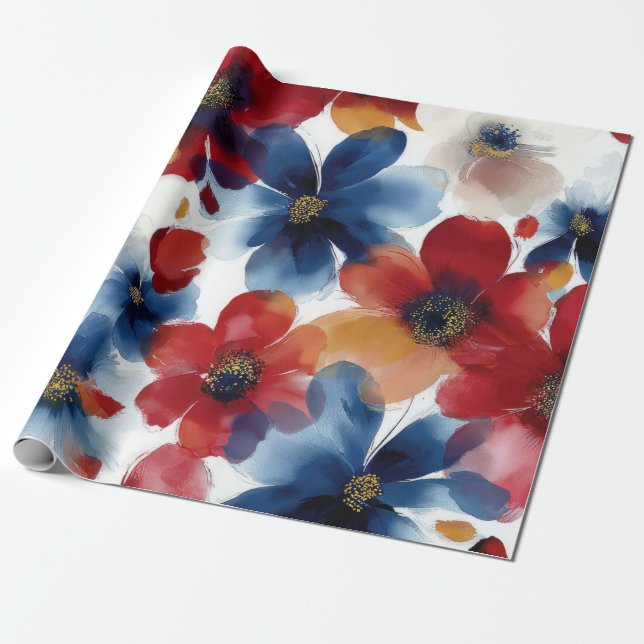Patriotisk röd blå vit blomster (5) presentpapper (Utrullad)