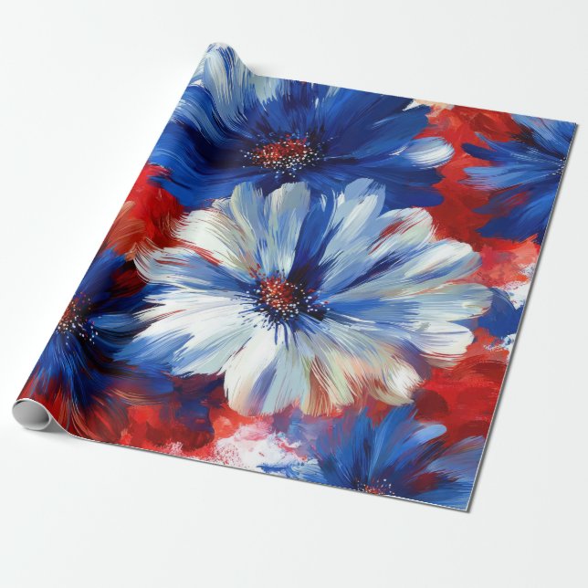 Patriotisk röd blå vit blomster (6) presentpapper (Utrullad)