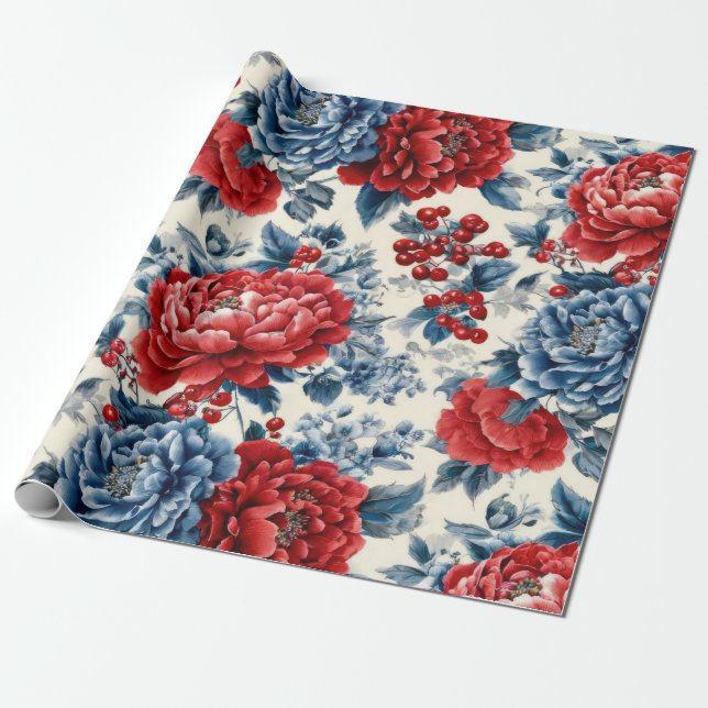 Patriotisk röd blå vit blomster (7) presentpapper (Utrullad)