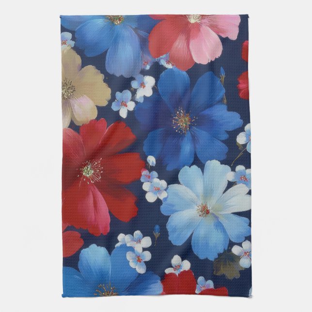 Patriotisk röd blå vit blomster (9) kökshandduk (Vertikal)
